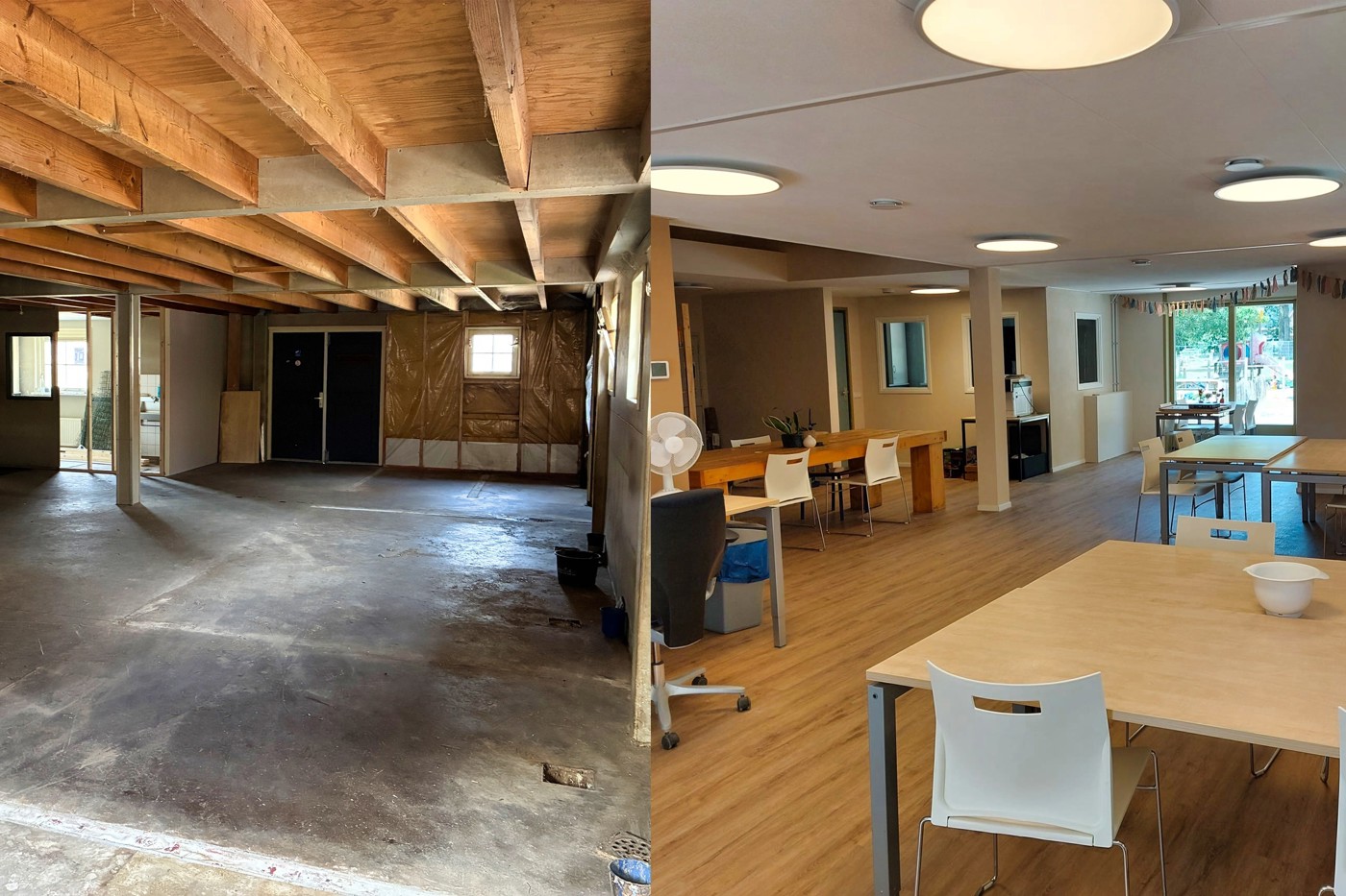 De verbouwde ruimte met links de oude situatie van het voormalige dierenverblijf voor de verbouwing. Met nog een betonnen vloer en een plafond met ruwe houten balken. Rechts de nieuwe situatie met een wit plafond met ronde lampen, nieuwe crèmekleurige wanden en een vloer die lijkt op een houten vloer. De inrichting bestaat uit verschillende ruime tafels met daar omheen stoelen.